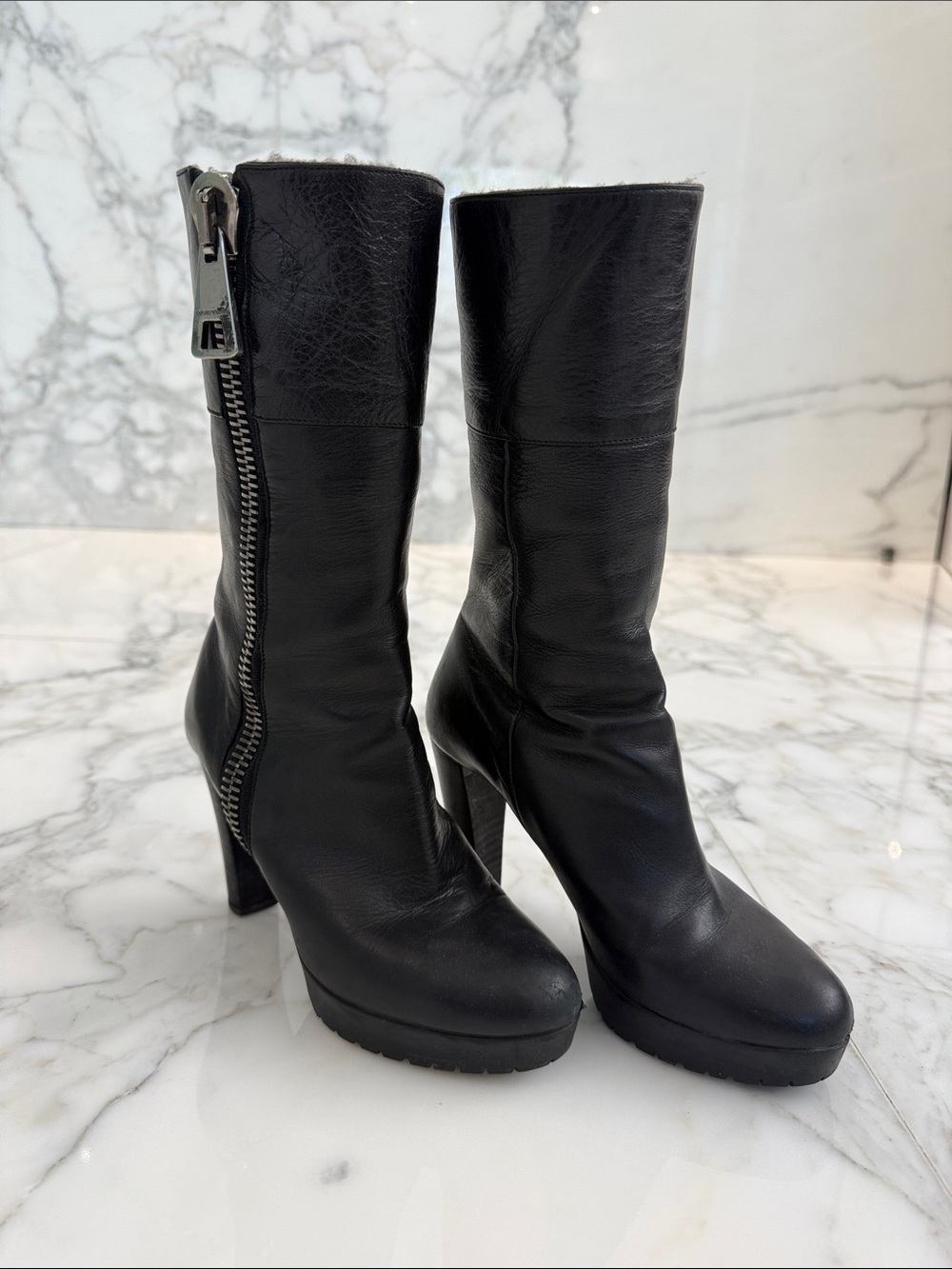 Emporio Armani Black Leather Platform Ankle Boots with Side Zipper